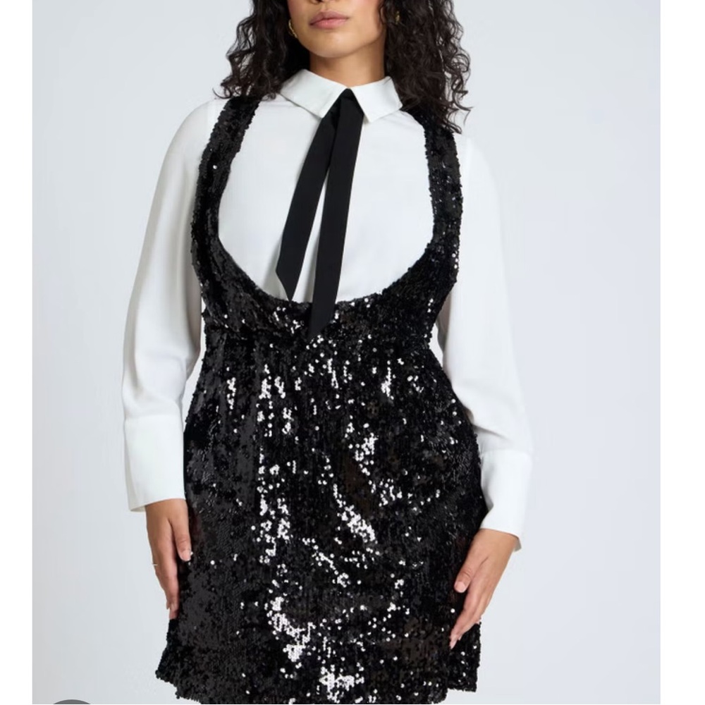 Eloquii Black Sequin Mini Dress with White Blouse Detail